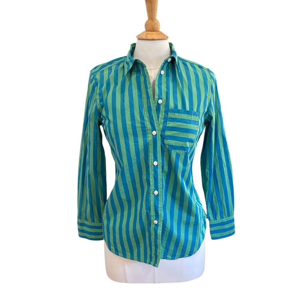 J.Crew Classic Fit Cotton Poplin Button Down Stripe Shirt, Blue, Green Size 2